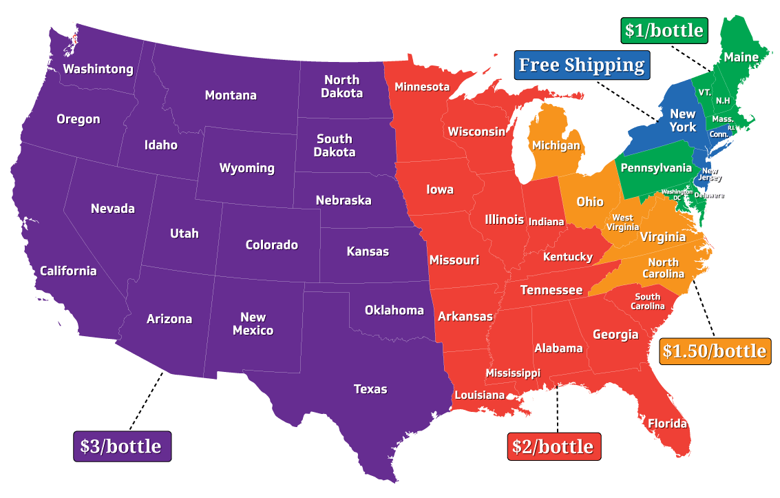 map showing shipping rates across the U.S.