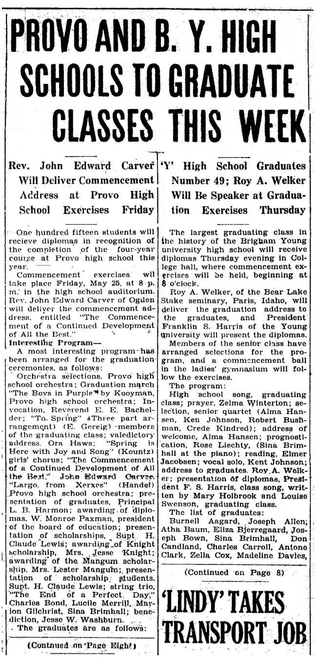 BYH Class of 1928, The Evening Herald, Provo, UT 1