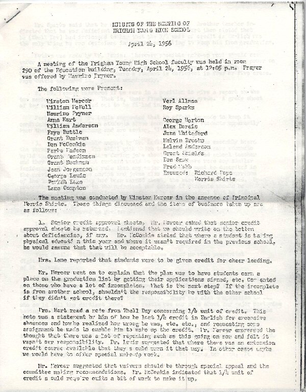 Faculty Minutes, Brigham Young High School