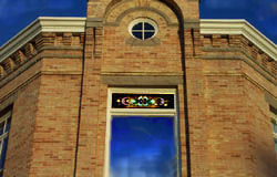 Ground-level view of BYH stained glass window