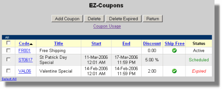 List of coupons